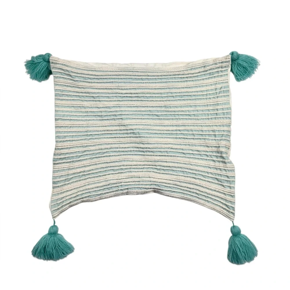 Pier 1 Mint & Ivory Woven Striped Decorative Throw Pillow Case with Tassels